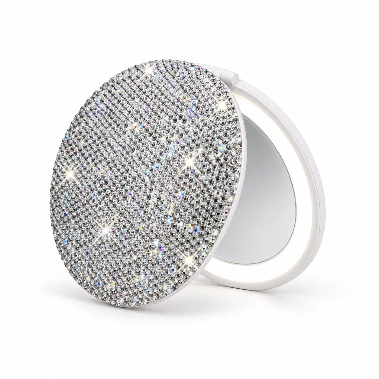 Rhinestone covered illuminated compact mirror with color options
