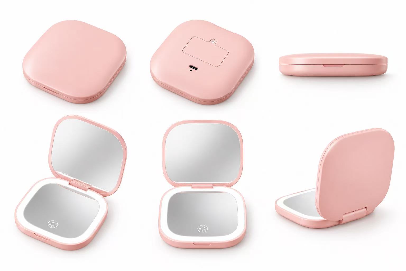 Square pink LED compact mirror shown open and closed