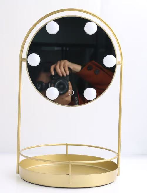 Bulb LED tabletop mirror with catchall base