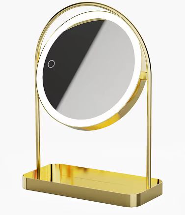 LED tabletop mirror with a rectangular metal tray base